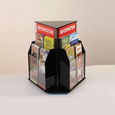 Black office home desk rotating pmma plexiglass acrylic 3 sided flyer brochure document book holder stand magazine display stand